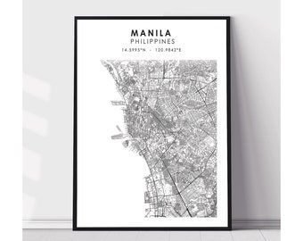 May include: Black and white map print of Manila, Philippines with the city's name and coordinates: 14.5995°N - 120.9842°E.