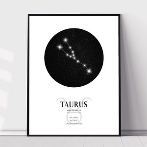 K&ouml;nnte beinhalten: Schwarz-wei&szlig;es druckbares Poster mit einer Sternkonstellation, die das Sternzeichen Stier darstellt. Das Poster enth&auml;lt den Text "Stier", "20. April - 20. Mai", "Zuverl&auml;ssig", "Geduldig" und "Verst&auml;ndnisvoll".