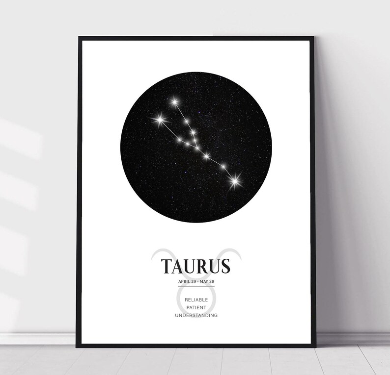 K&ouml;nnte beinhalten: Schwarz-wei&szlig;es druckbares Poster mit einer Sternkonstellation, die das Sternzeichen Stier darstellt. Das Poster enth&auml;lt den Text "Stier", "20. April - 20. Mai", "Zuverl&auml;ssig", "Geduldig" und "Verst&auml;ndnisvoll".