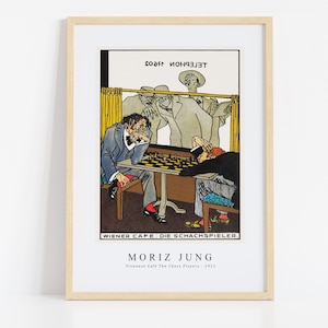 Puede incluir: Una ilustración vintage de una partida de ajedrez en un café vienés. La imagen está en blanco y negro con acentos rojos, azules y amarillos. El texto "Wiener Cafe: Die Schachspieler" está en la parte inferior de la imagen. El nombre del artista, "Moriz Jung", está debajo del texto, junto con el título "Viennese Cafe The Chess Players - 1911".