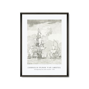 May include: A black and white line drawing of a ship with sails, titled "CORNELIS PLOOS VAN AMSTEL" and "Oorlogschip en een schat lazend - 1759".
