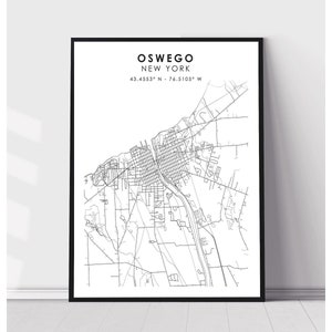 Impression de la carte de la ville d'Oswego | Impression de carte Oswego New York | Décor de carte Oswego New York Impression sur toile