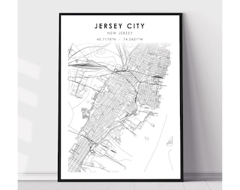 May include: Black and white line art map of Jersey City, New Jersey. The map shows the city streets and landmarks. The text "JERSEY CITY" and "NEW JERSEY" is at the top of the map. The coordinates "40.7178°N - 74.0431°W" are below the text.