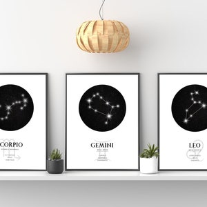 May include: Three black framed prints with white backgrounds and black circles containing white constellations. The constellations are labelled "Scorpio", "Gemini", and "Leo".