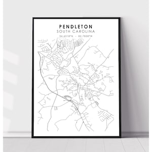 May include: Black and white line art map of Pendleton, South Carolina. The map shows the city's streets and landmarks. The text "PENDLETON SOUTH CAROLINA 34.6518°N - 82.7838°W" is at the top of the map.