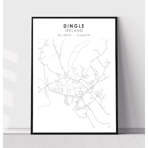 May include: A black and white line art map of Dingle, Ireland. The map shows the streets and waterways of the town. The text "Dingle, Ireland" and the coordinates "52.1409°N - 10.2640°W" are printed at the top of the map.
