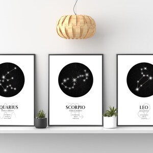 K&ouml;nnte beinhalten: Drei schwarze gerahmte Drucke mit wei&szlig;en Hintergr&uuml;nden und schwarzen Kreisen, die wei&szlig;e Sternbilder enthalten. Die Sternbilder sind mit "Aquarius", "Scorpio" und "Leo" beschriftet.