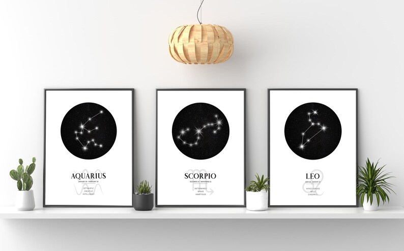 K&ouml;nnte beinhalten: Drei schwarze gerahmte Drucke mit wei&szlig;en Hintergr&uuml;nden und schwarzen Kreisen, die wei&szlig;e Sternbilder enthalten. Die Sternbilder sind mit "Aquarius", "Scorpio" und "Leo" beschriftet.