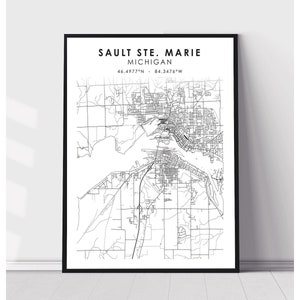 Sault Ste. Marie City Map Print | Sault Ste. Marie Michigan Island Map Print | Sault Ste. Marie Michigan Island Map Decor Canvas Print