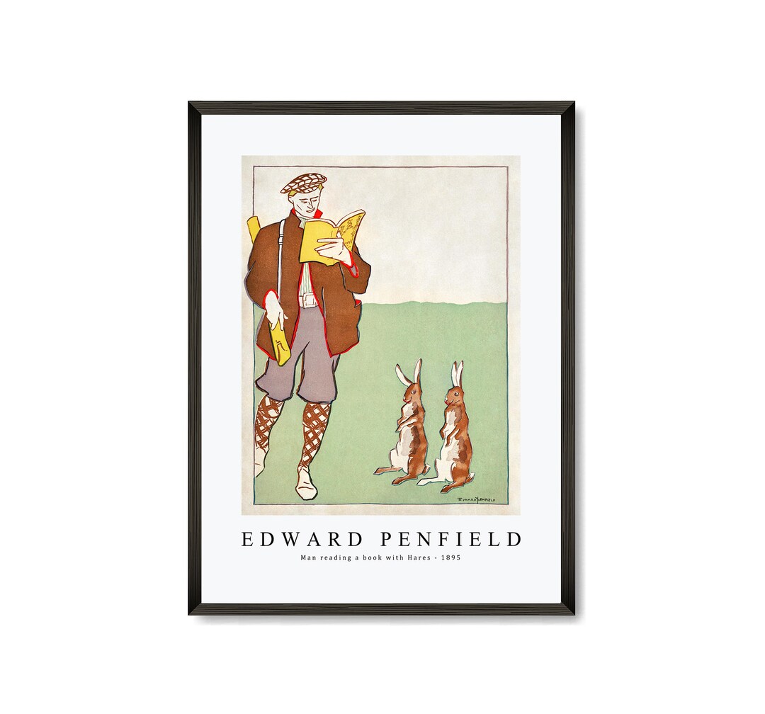 Edward Penfield Art Print Man Reading a Book With Hares 1895