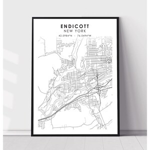 Impression de la carte de la ville d'Endicott | Impression de carte Endicott New York | Décor de carte Endicott New York Impression sur toile