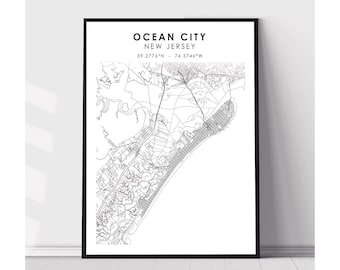 May include: Black and white line art map of Ocean City, New Jersey. The map shows the city's streets and coastline. The text "Ocean City, New Jersey" and the coordinates "39.2776°N - 74.5746°W" are printed at the top of the map.