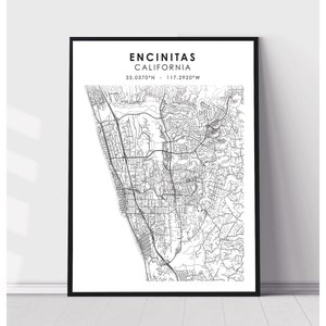 May include: Black and white map print of Encinitas, California with the coordinates 33.0370°N - 117.2920°W.