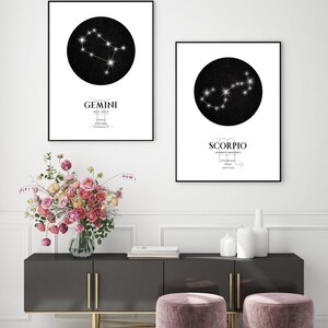 May include: Two black and white constellation prints with gold accents. The prints feature the zodiac signs Gemini and Scorpio with their corresponding dates and personality traits. The prints are hanging on a white wall above a dark grey dresser with gold accents. There are two pink velvet ottomans with gold accents in front of the dresser.