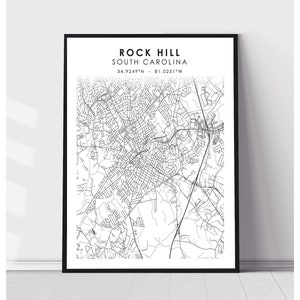 | d’impression de la carte de Rock Hill Rock Hill Caroline du Sud Carte Imprimer | Rock Hill Caroline du Sud Carte Décor Toile Imprimer