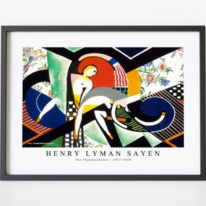 May include: A framed art print featuring a colorful abstract composition. The artwork, titled "The Thundershower" by Henry Lyman Sayen, showcases geometric shapes, figures, and floral patterns in a vibrant palette of red, blue, yellow, and green. The print is encased in a black frame.