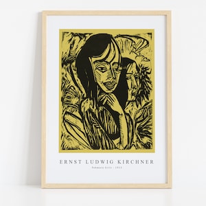 Puede incluir: Una impresión en madera en blanco y negro de dos mujeres, con un fondo amarillo. La impresión está titulada "Fehmarn Girls - 1913" y está firmada "Ernst Ludwig Kirchner".