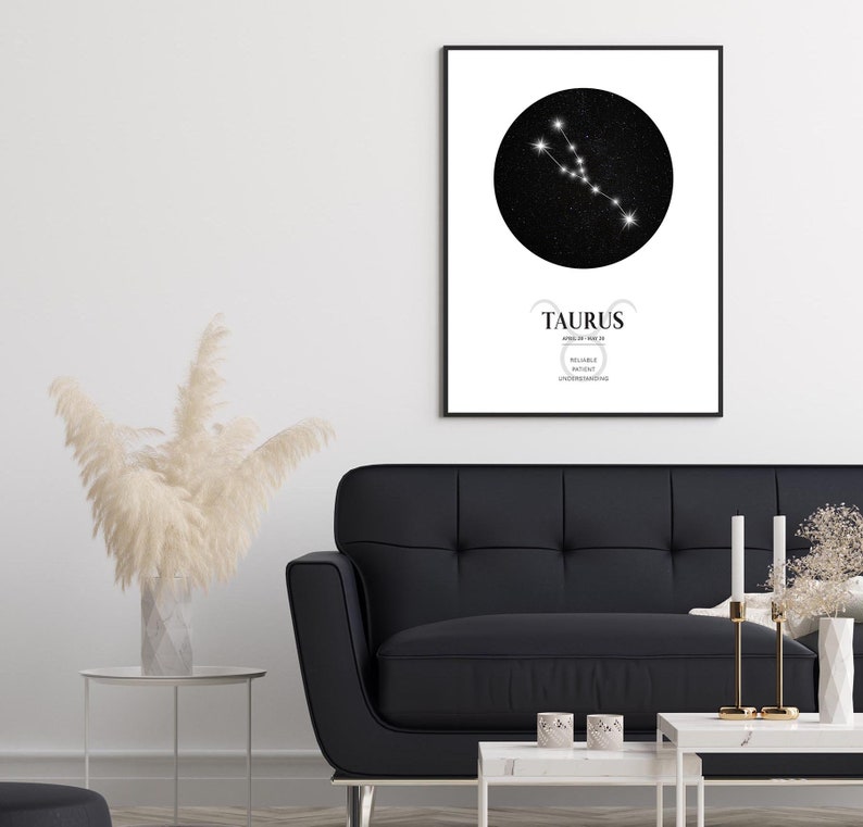 K&ouml;nnte beinhalten: Schwarz-wei&szlig;es druckbares Poster mit der Darstellung des Sternbildes Stier und dem Text "Stier, 20. April - 20. Mai, Zuverl&auml;ssig, Geduldig, Verst&auml;ndig".