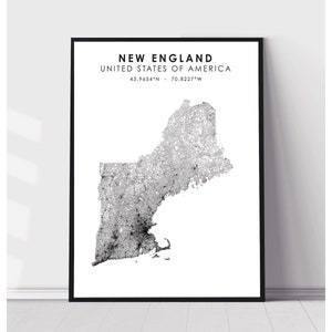 New England City Map Print | New England United States Map Print | New England United States Map Decor Canvas Print