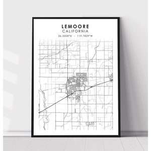May include: Black and white map print of Lemoore, California. The map shows the city's streets and roads. The text "Lemoore, California" and the coordinates "36.3008°N - 119.7829°W" are printed at the top of the map.
