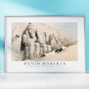 May include: A vintage illustration of the Great Temple of Abu Simbel in Nubia, Egypt, by David Roberts. The temple is carved into a cliff face and features four colossal statues of Ramses II.