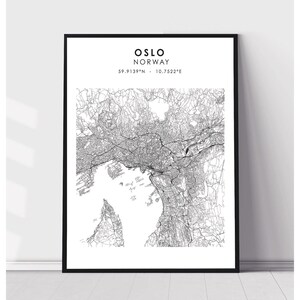 May include: Black and white line art map of Oslo, Norway. The map shows the city's streets and waterways. The text "OSLO NORWAY 59.9139°N - 10.7522°E" is printed at the top of the map.