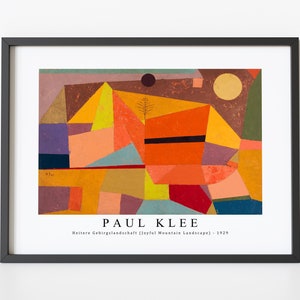 May include: A framed print of a colorful abstract painting by Paul Klee titled "Heitere Gebirgslandschaft (Joyful Mountain Landscape)" from 1929. The painting features geometric shapes in shades of red, orange, yellow, green, blue, and purple.
