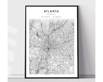 May include: Black and white map print of Atlanta, Georgia with the city name and coordinates 33.7490°N - 84.3880°W.