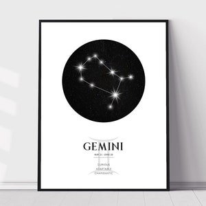 May include: Black and white printable poster featuring the Gemini constellation, a star chart, and the text "GEMINI MAY 21 - JUNE 20 CURIOUS ADAPTABLE CHARISMATIC".