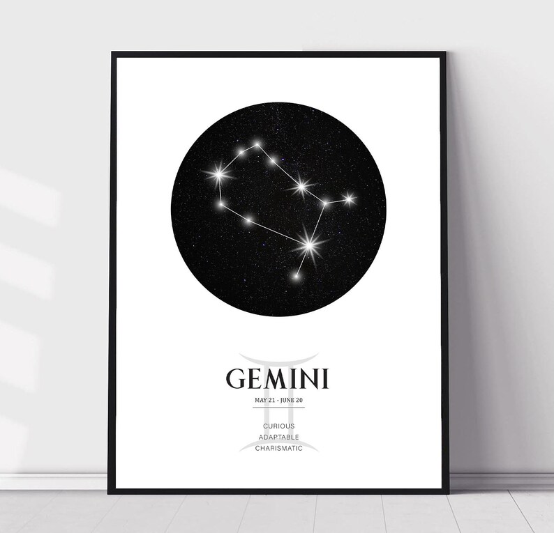 May include: Black and white printable poster featuring the Gemini constellation, a star chart, and the text "GEMINI MAY 21 - JUNE 20 CURIOUS ADAPTABLE CHARISMATIC".