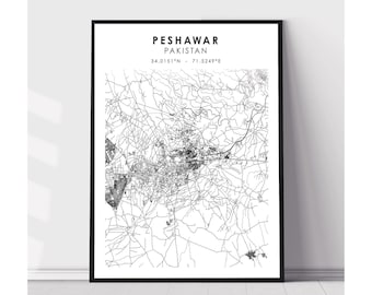 Peshawar Map Print | Peshawar Pakistan Map Print | Peshawar Pakistan Map Decor Canvas Print