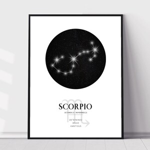 K&ouml;nnte beinhalten: Schwarz-wei&szlig;es druckbares Poster mit dem Sternbild Skorpion, einer Sternkarte mit dem Text "Skorpion" und den Daten "23. Oktober - 21. November". Der Text "Zielstrebig, Mutig, Ehrgeizig" ist ebenfalls enthalten.
