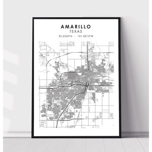 May include: A black and white map of Amarillo, Texas. The map shows the city's streets and neighborhoods. The text "Amarillo, Texas" and the coordinates "35.2220°N - 101.8313°W" are printed at the top of the map.