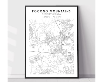 Peut inclure: Carte en noir et blanc des montagnes des Poconos en Pennsylvanie. La carte montre les routes et les rues de la région. Le texte "Pocono Mountains Pennsylvania 41.0700°N - 75.4345°W" est en haut de la carte.