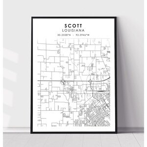 May include: Black and white line art map of Scott, Louisiana. The map shows the street layout of the town. The text "SCOTT LOUISIANA 30.2358°N - 92.0946°W" is at the top of the map.