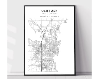 May include: Black and white line art map of Oshkosh, Wisconsin. The map shows the city's streets and waterways. The text "Oshkosh, Wisconsin" and the coordinates "44.0247°N - 88.5426°W" are printed at the top of the map.