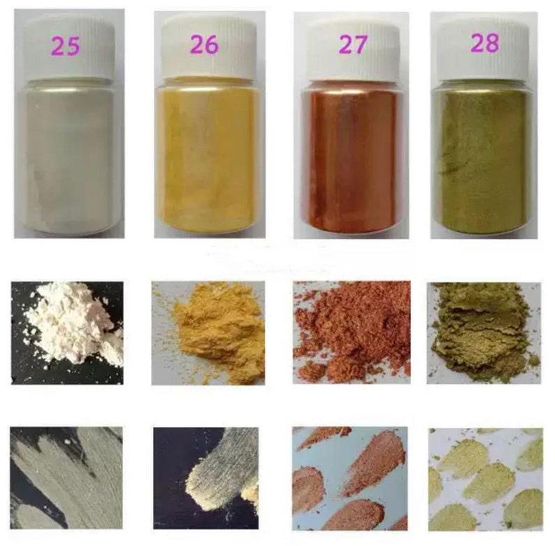 May include: Four small jars of iridescent pigment powder in white, gold, copper, and green. The jars are labeled 25, 26, 27, and 28. The powder is shown in a separate image, with a close-up of the powder and a sample of the powder applied to a surface.