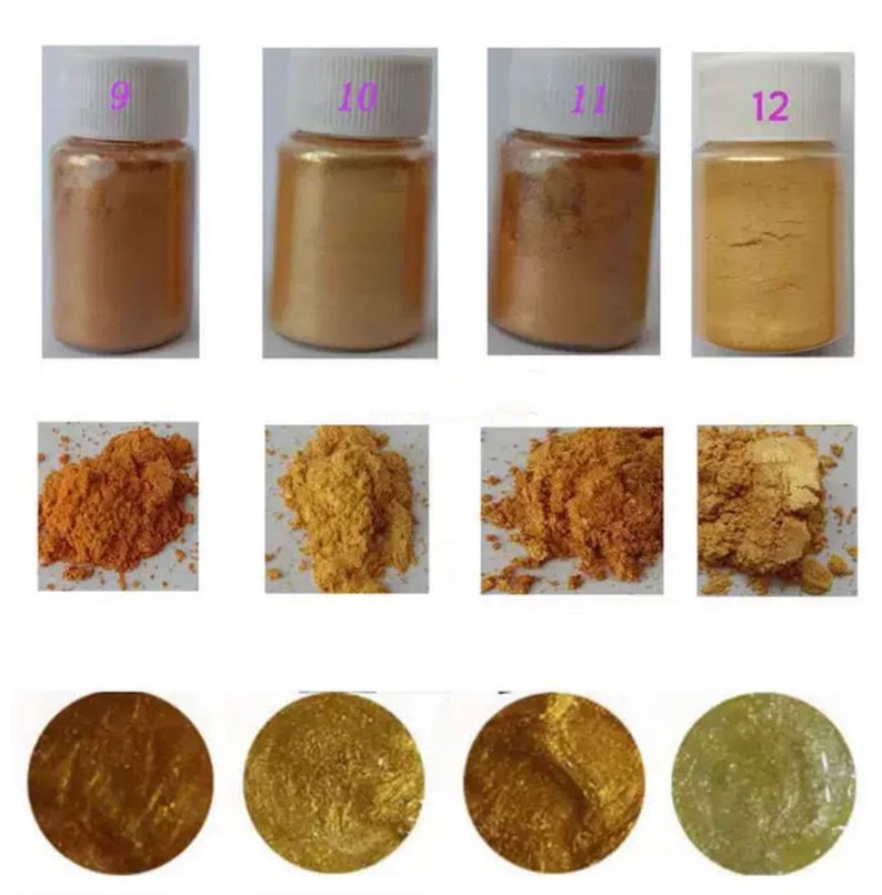 May include: Four small jars of gold pigment powder, labeled 9, 10, 11, and 12. Each jar contains a different shade of gold powder, ranging from light to dark. The powder is shown in its original form, as well as in a pile and in a small, round, wet sample.