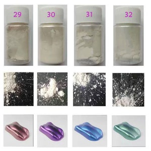 May include: Four small jars of white powder labeled 29, 30, 31, and 32. Below each jar is a close-up of the powder scattered on a black surface. The bottom row shows four car models painted with different iridescent colors.