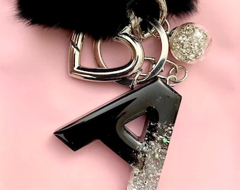 First resin keychain car letters personalized gifts birthday black silver leaf fur pompom craft in Germany