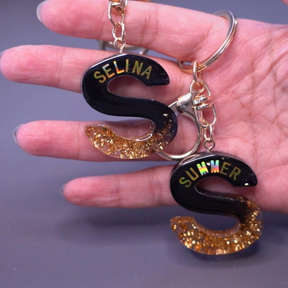 Resin Keychain Letters Black White Gold 