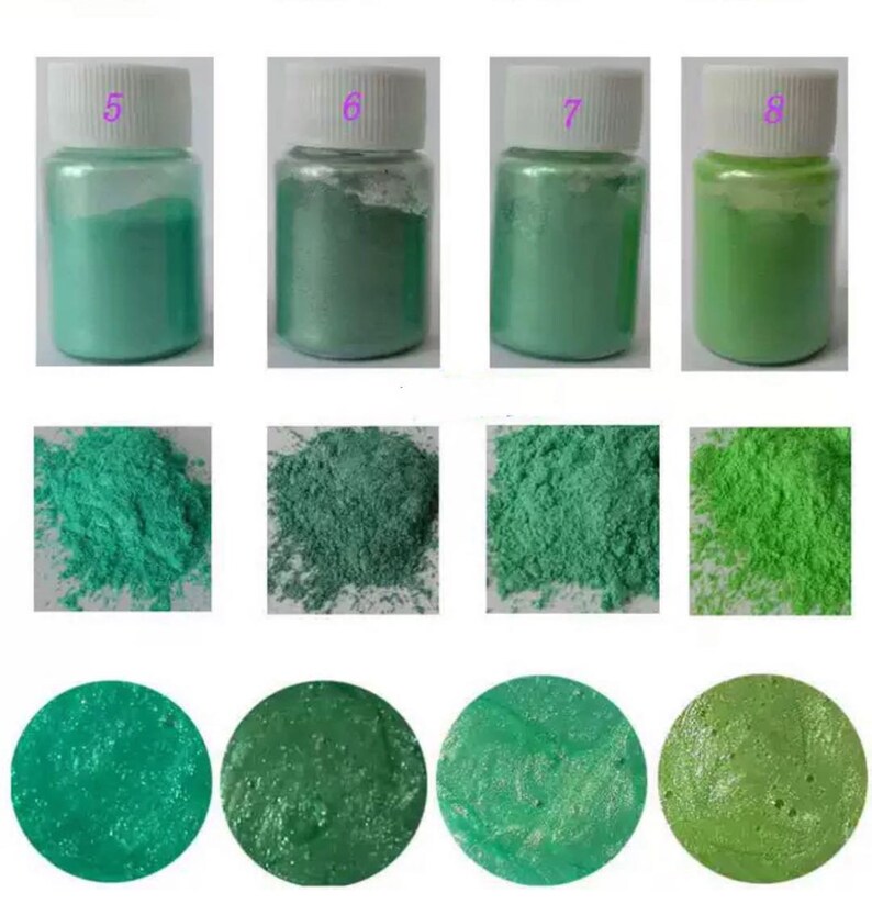 May include: Four small jars of green mica powder, labeled 5, 6, 7, and 8. The powder is shown in a loose pile, a compact pile, and a spread out layer.