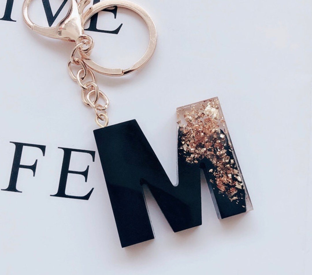 Initial Resin Keychain Name Car Letter Bag Pendant Personalized Black Gold  Leaf Craft in Germany 