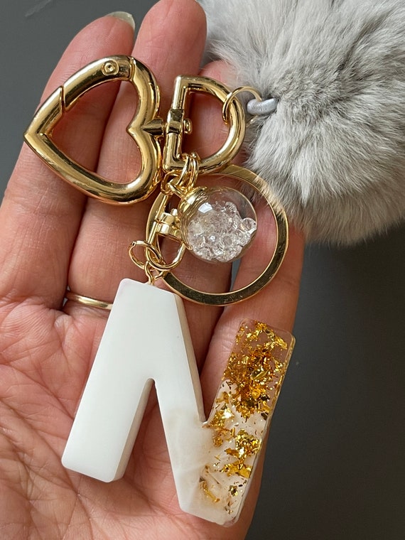 Pompom Puff Keychain W/ Resin Initial Letter Resin Add-ins Glitter