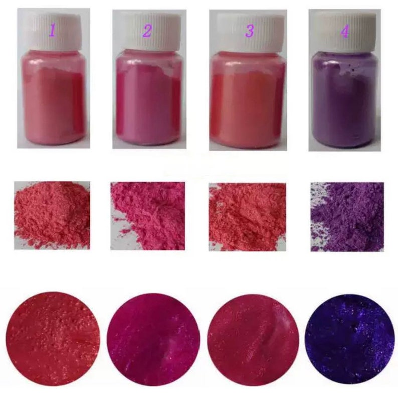 May include: Four small jars of iridescent mica powder. The jars are labeled 1, 2, 3, and 4. The powder is shown in its jar form, as a loose powder, and as a wet, glittery paste.