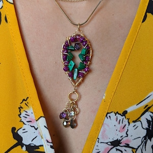 Kyanite Pendant with Magenta Beading and Briolettes