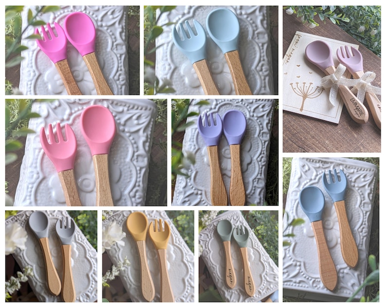 Personalized Spoon and Fork Set, Engraved Baby Spoon, Personalized Baby Shower Gift, Silicone Utensils, On Personalized Wood Gift Tag Plate immagine 10