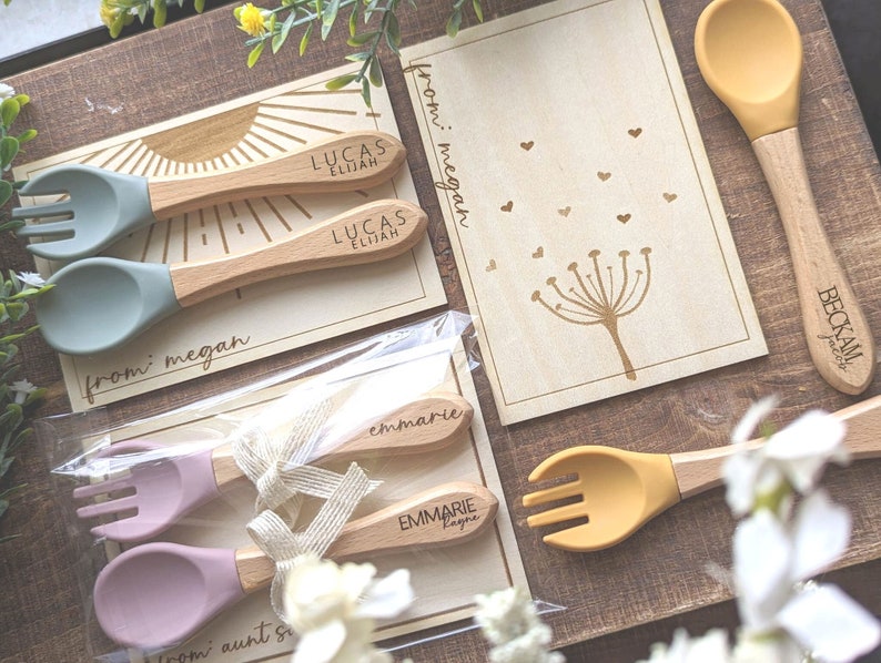 Personalized Spoon and Fork Set, Engraved Baby Spoon, Personalized Baby Shower Gift, Silicone Utensils, On Personalized Wood Gift Tag Plate Utensils & Wood Card