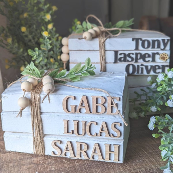 i com books name Personalized Wood Name Books, Wood Engraved Names, Rustic Cottage Decorative Books, Shelf Decor, Wedding Gift, Customized Gift, Farmhouse