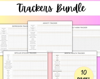 Mental Health Tracker Bundle, Printable Worksheets, Journal Pages for Depression, Anxiety, BPD and Self Harm